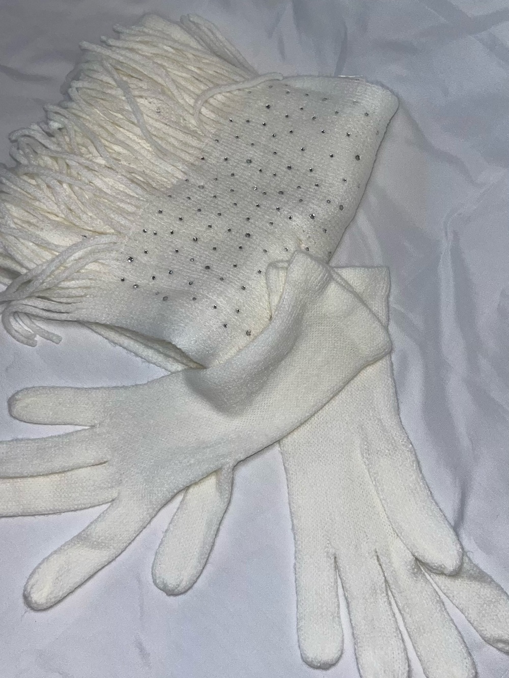 New York & Company Cream Rhinestone Fringe Scarf and Gloves Set